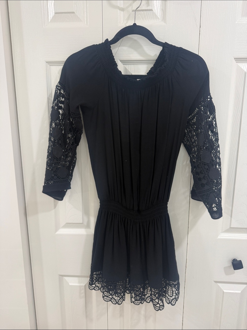 Ramy Brook Black Lace-Sleeve Smocked Waist Mini Dress